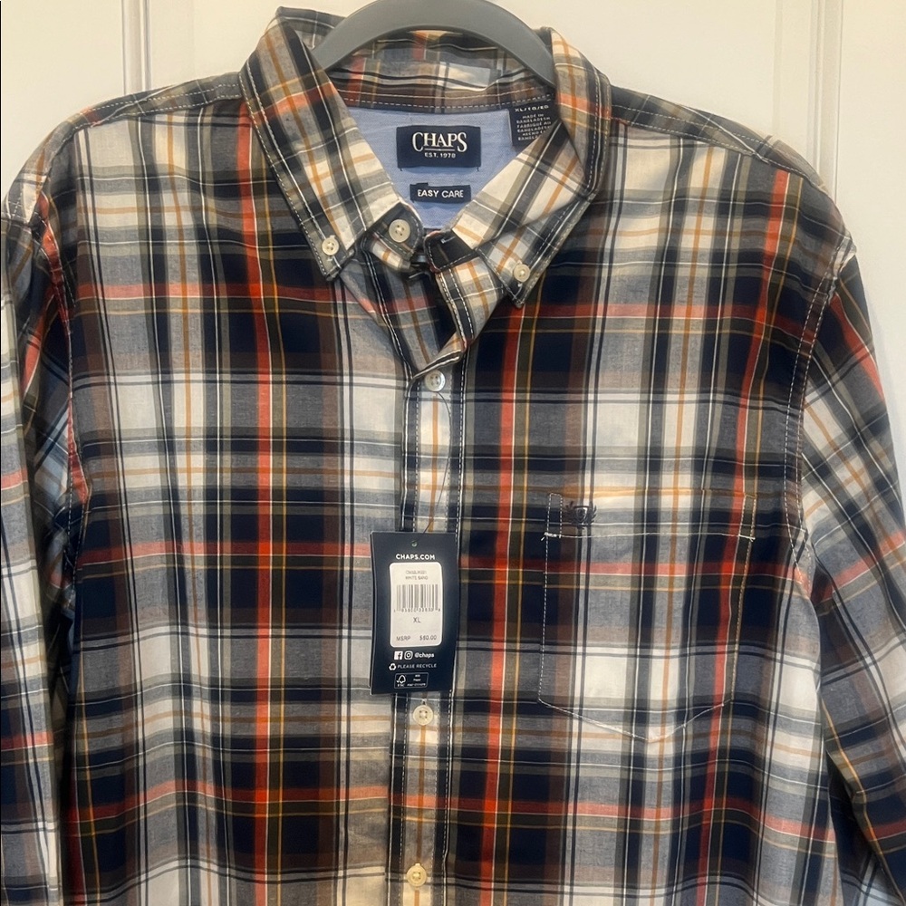 Chaps Men's Casual Plaid Shirt - Navy, Orange, and White